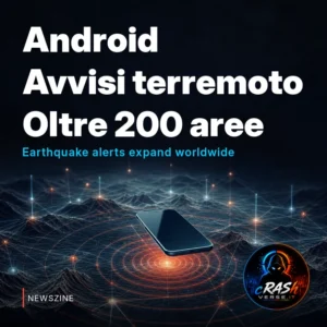 Smartphone stilizzato sopra una mappa astratta attraversata da onde sismiche e punti luminosi connessi.