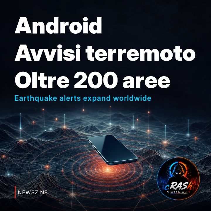 Smartphone stilizzato sopra una mappa astratta attraversata da onde sismiche e punti luminosi connessi.