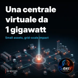 Rappresentazione concettuale di case, batterie e impianti industriali collegati in una centrale elettrica virtuale.