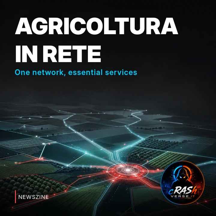Campi agricoli collegati da una rete di percorsi luminosi convergenti in un nodo digitale.