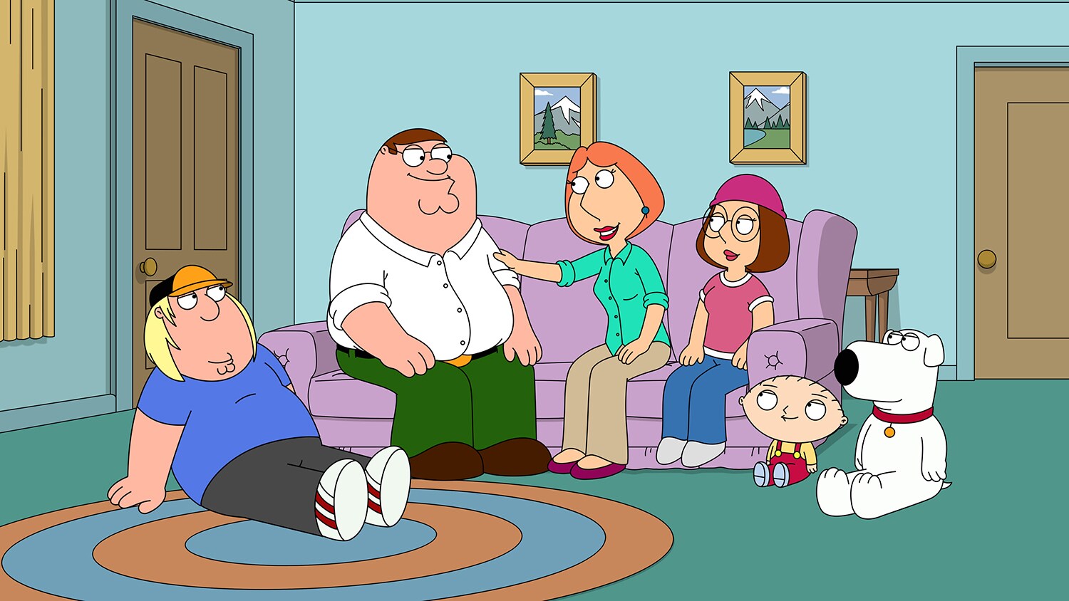 La famiglia Griffin nel salotto di Quahog. Immagine ufficiale Disney / 20th Television.