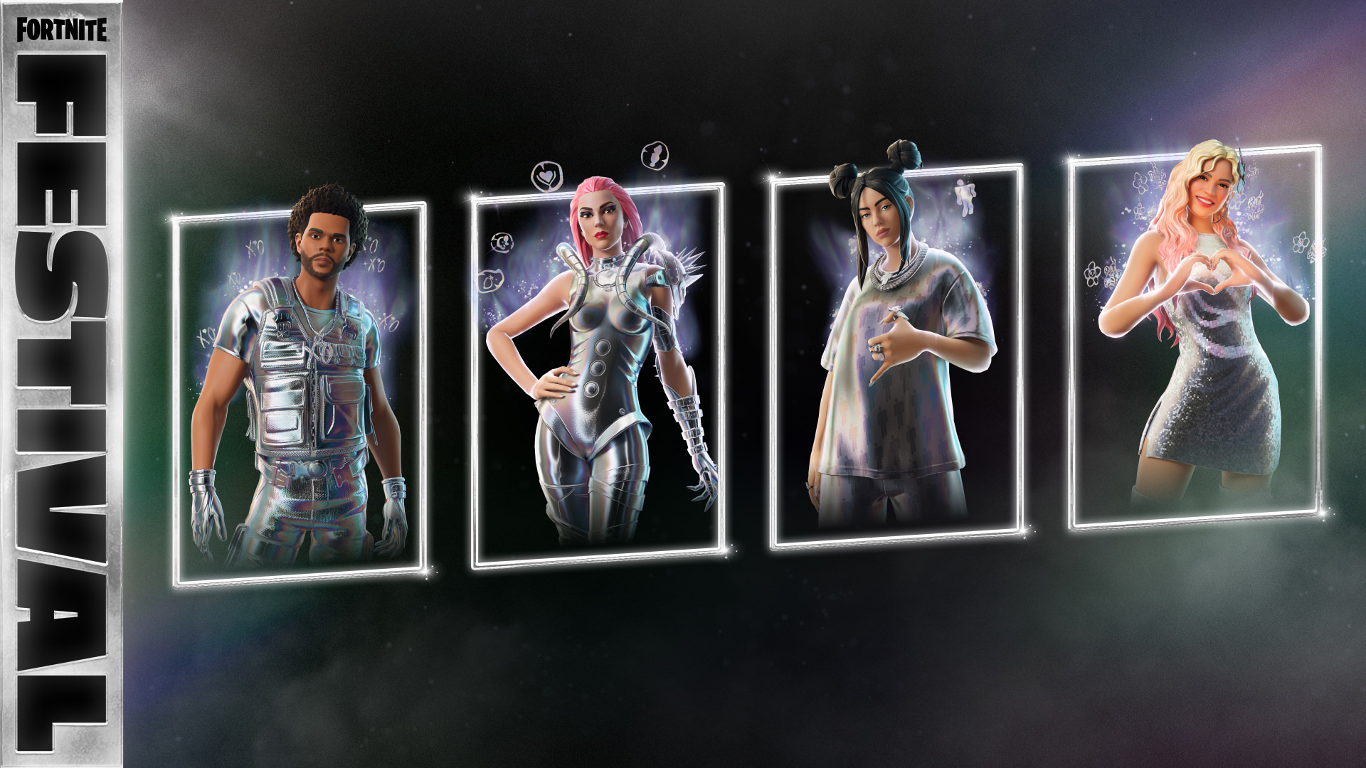 Le Platinum Icons per il primo anniversario di Festival, dicembre 2024: The Weeknd, Lady Gaga, Billie Eilish e Karol G.