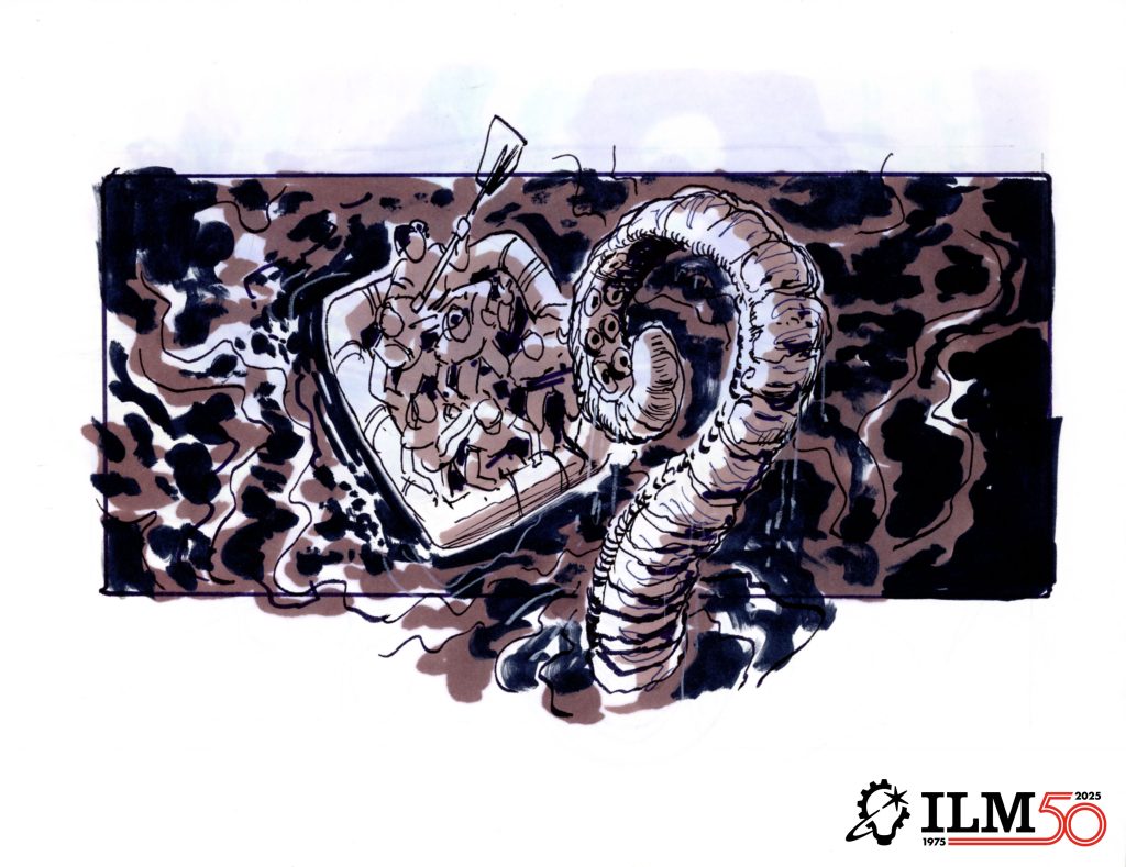 Il polpo della sequenza eliminata nel concept art originale di Dave Carson. Disegno di produzione, non fotogramma.