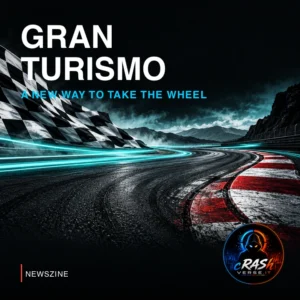 Cover Newszine Gran Turismo: circuito e bandiera a scacchi, illustrazione concettuale CrashVerse.