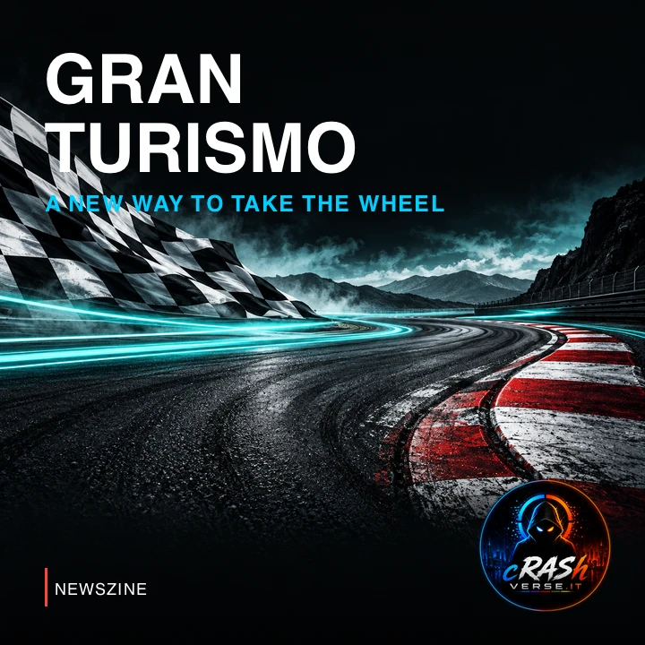 Cover Newszine Gran Turismo: circuito e bandiera a scacchi, illustrazione concettuale CrashVerse.