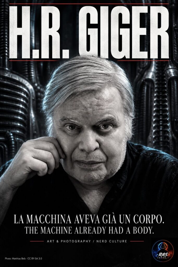 Ritratto di H.R. Giger nella cover CrashVerse: La macchina aveva già un corpo.