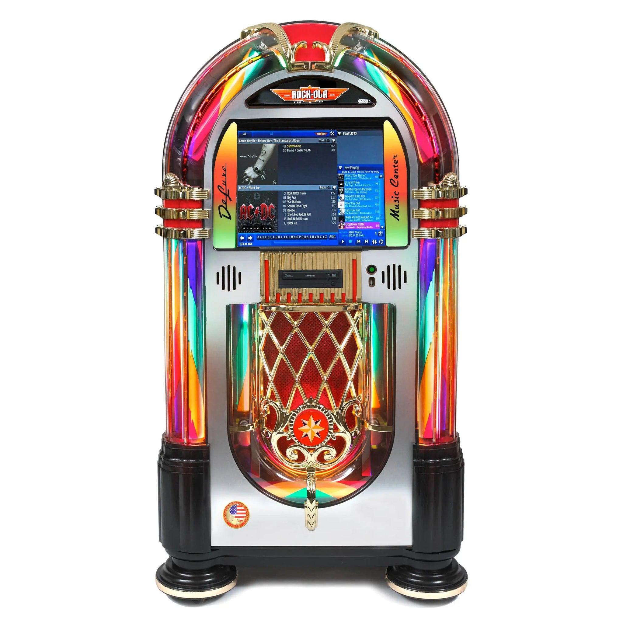 Rock-Ola Digital Music Center Crystal Edition: touchscreen e catalogo digitale dentro una forma ispirata al jukebox classico. Foto ufficiale Rock-Ola.