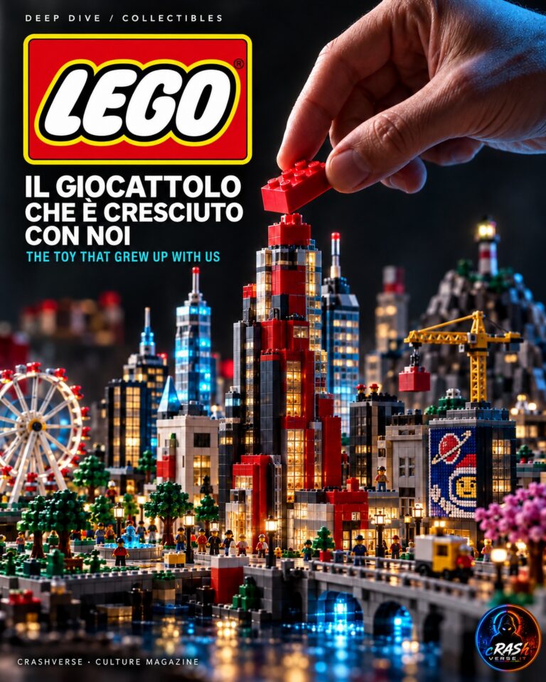 LEGO — Il giocattolo che è cresciuto con noi. Cover editoriale con una città di mattoncini e sottotitoli IT/US.