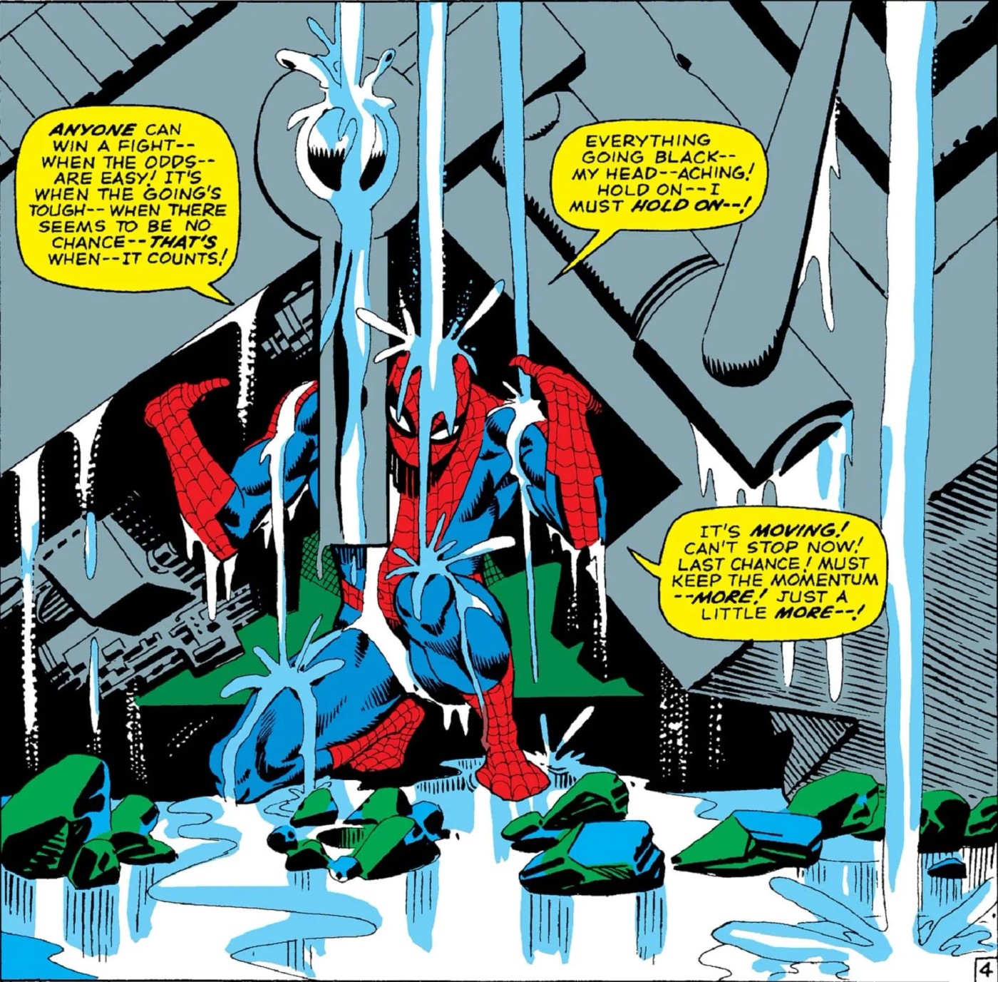 Spider-Man si rialza sotto il peso dei macchinari in Amazing Spider-Man #33.