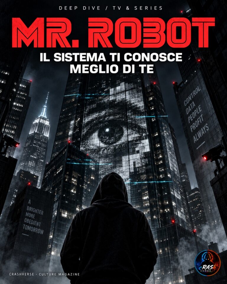 Mr. Robot — Il sistema ti conosce meglio di te. Figura incappucciata sotto una città dominata da un occhio di sorveglianza.