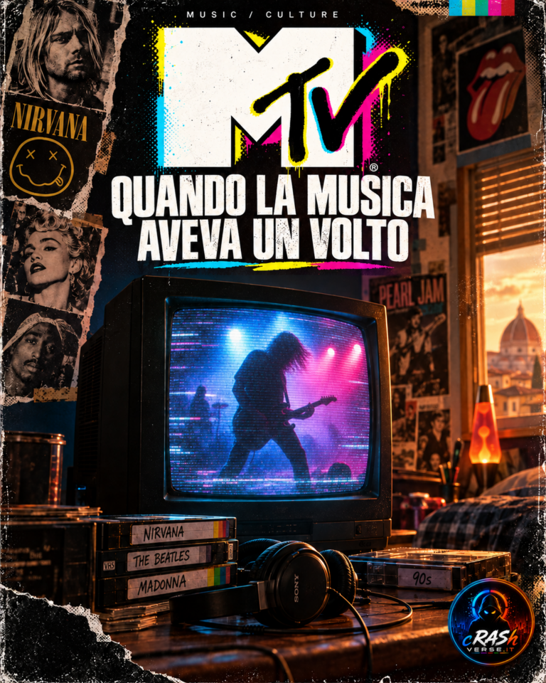 MTV — Quando la musica aveva un volto: televisore anni Novanta con concerto, videocassette e cuffie. Cover CrashVerse.