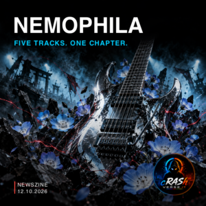 NEMOPHILA — chitarra cromata tra fiori blu, illustrazione editoriale CrashVerse per il nuovo EP.