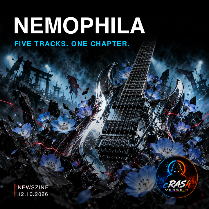 NEMOPHILA — chitarra cromata tra fiori blu, illustrazione editoriale CrashVerse per il nuovo EP.