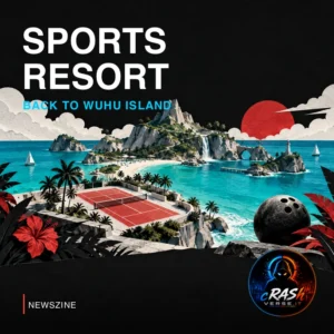 Cover Newszine Sports Resort: isola sportiva, mare e campo da tennis in una illustrazione concettuale CrashVerse.