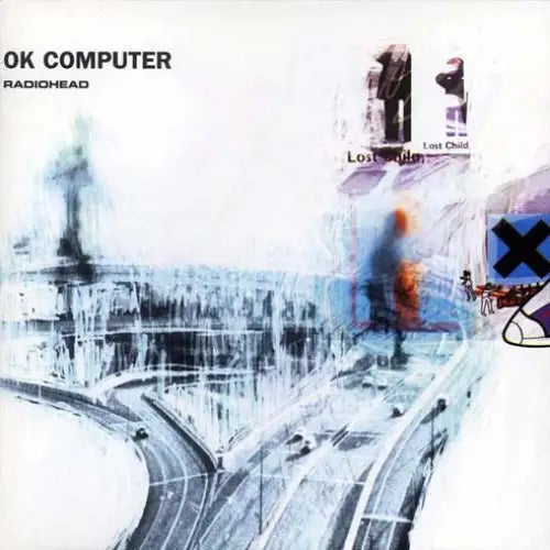 Copertina originale di OK Computer: strade e diagrammi sovrapposti in bianco e azzurro