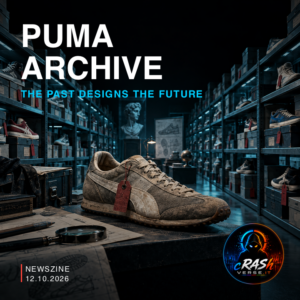 PUMA ARCHIVE — THE PAST DESIGNS THE FUTURE. Illustrazione editoriale concettuale CrashVerse.