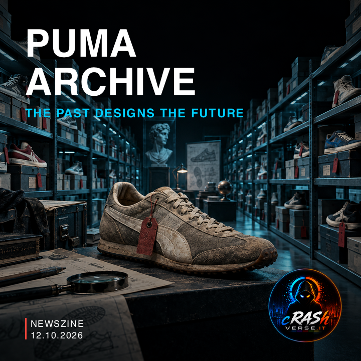 PUMA ARCHIVE — THE PAST DESIGNS THE FUTURE. Illustrazione editoriale concettuale CrashVerse.