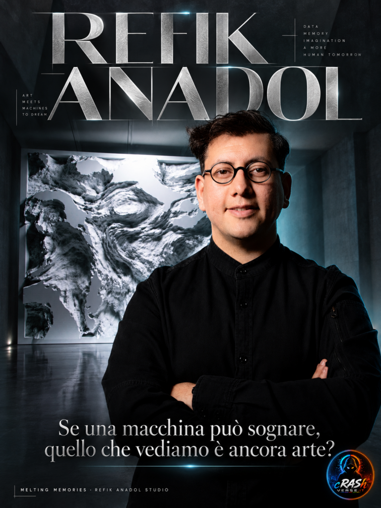 Refik Anadol e Melting Memories nella locandina editoriale CrashVerse.