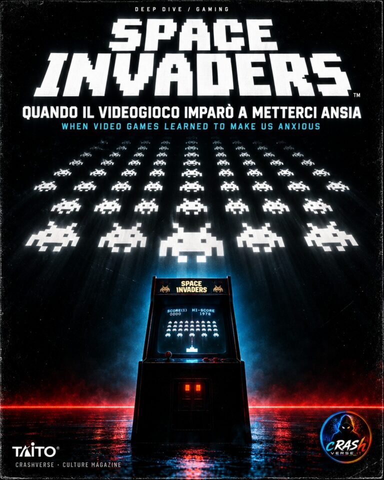 Space Invaders: cabinato arcade e invasori pixel, cover CrashVerse con sottotitoli italiano e inglese.