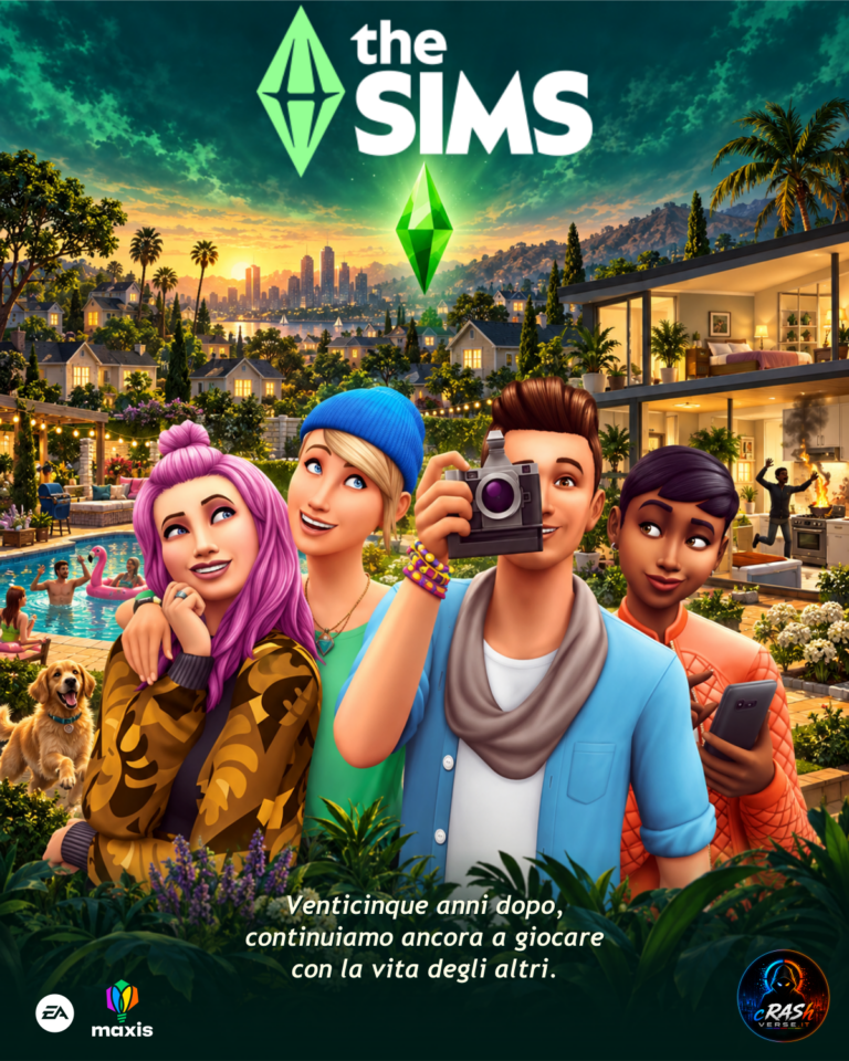 The Sims — personaggi del gioco davanti a un quartiere al tramonto, plumbob verde e titolo. Locandina editoriale CrashVerse.
