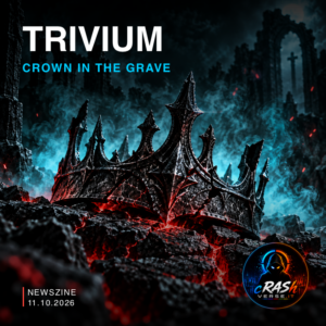 Illustrazione editoriale: corona scura tra rovine e luce ciano, cover Trivium Crown In The Grave.