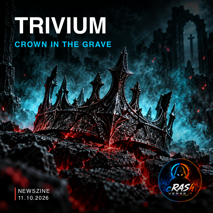 Illustrazione editoriale: corona scura tra rovine e luce ciano, cover Trivium Crown In The Grave.