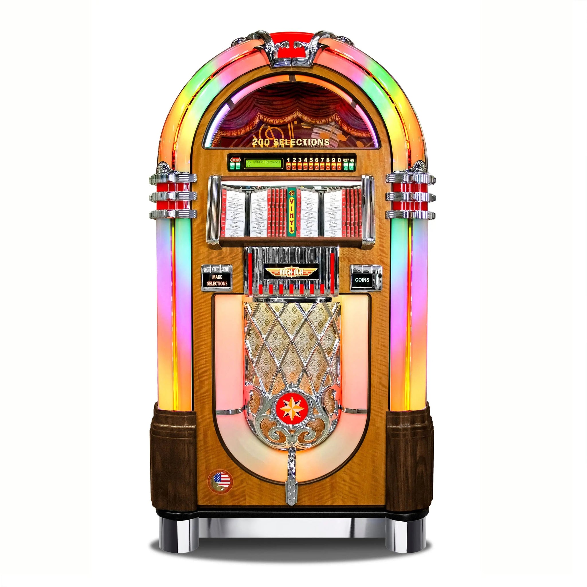 Rock-Ola Bubbler Vinyl 45 in noce: un jukebox a 45 giri prodotto ancora oggi. Foto ufficiale Rock-Ola.