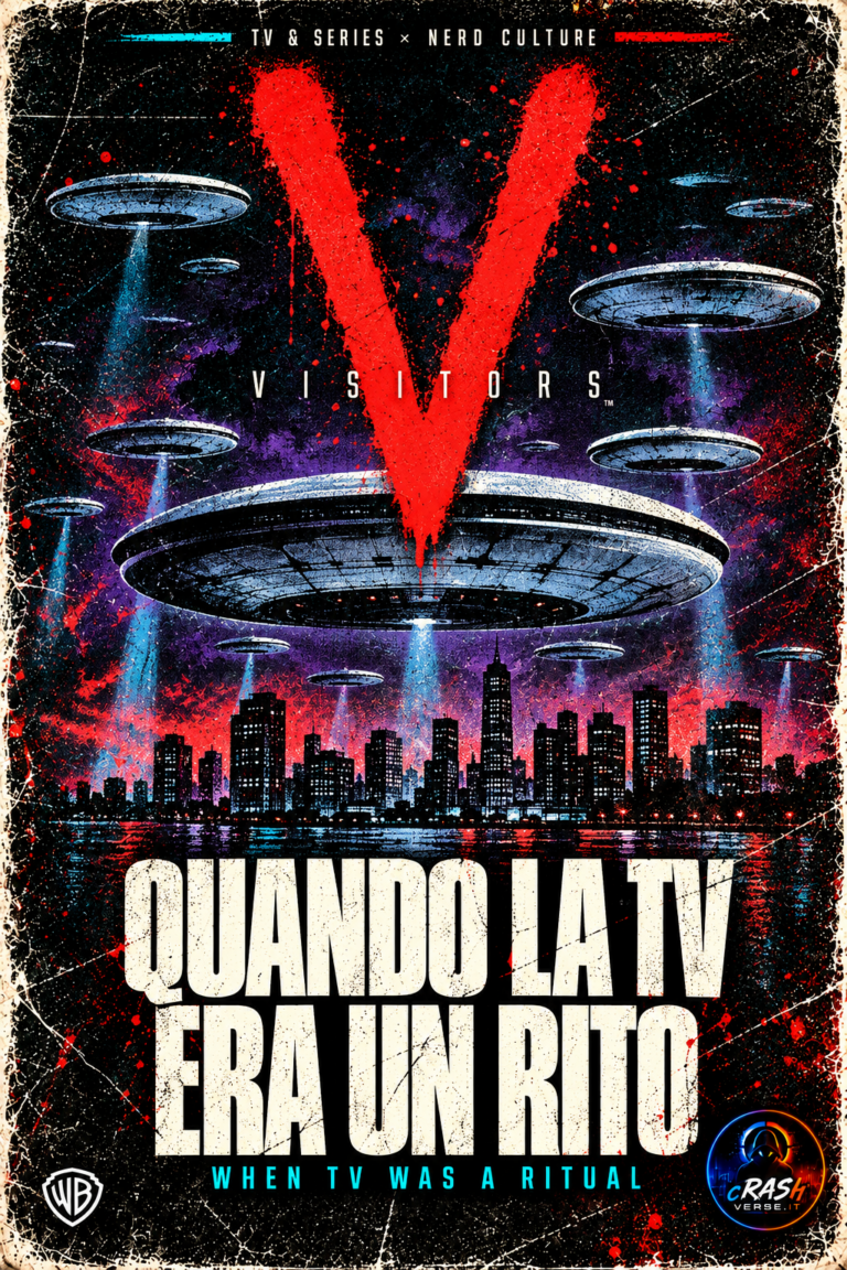 Visitors — Quando la TV era un rito. Cover POP con la V rossa e le astronavi sopra la città.