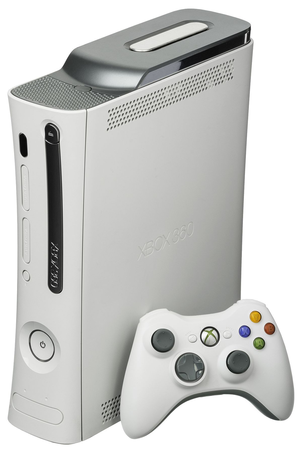 Xbox 360 nel modello originale bianco, con controller wireless. Fotografia di Evan Amos, pubblico dominio.