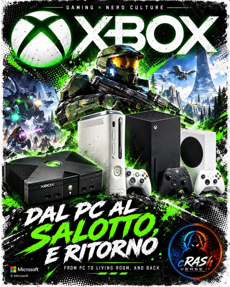 Xbox — Dal PC al salotto, e ritorno. Cover CrashVerse con Master Chief e le console Xbox.