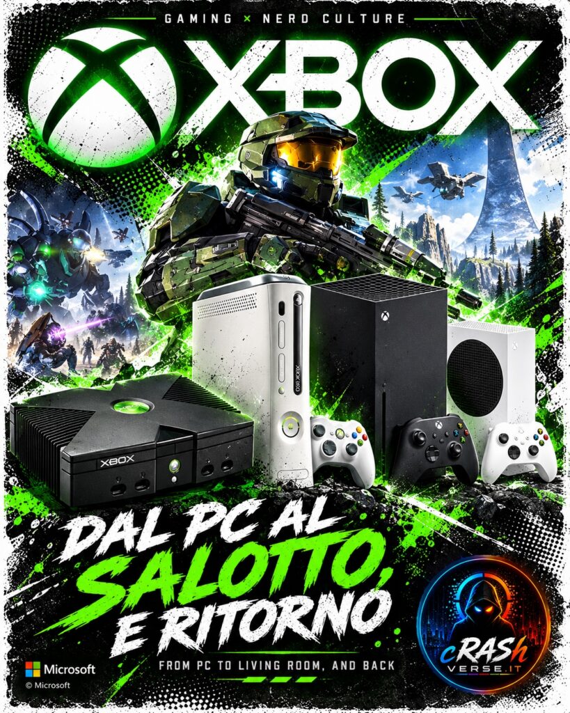 Xbox — Dal PC al salotto, e ritorno. Cover CrashVerse con Master Chief e le console Xbox.