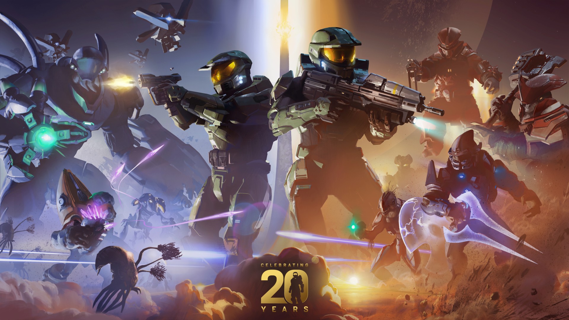 Master Chief e l’universo Halo nell’illustrazione ufficiale del ventesimo anniversario, pubblicata nel 2021.